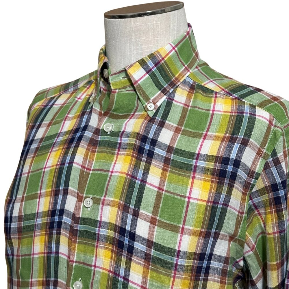 Neiman Marcus 100% Linen Plaid Shirt - Size Medium - Button Down / Long Sleeve
